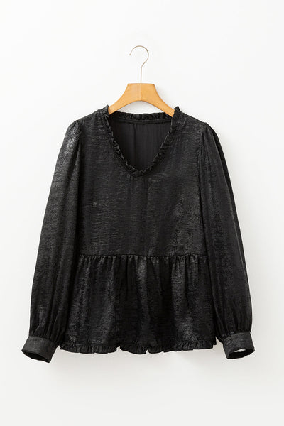 Trendy Women's Black Metallic Frilled V-Neck Babydoll Blouse with Puff Sleeves Chic Style for Every Occasion