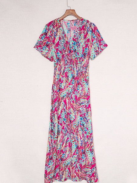 Vintage Print Puff Sleeve Maxi Dress