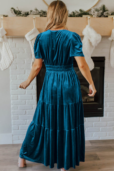 Elegant Deep Blue Velvet T-Shirt Dress for Women, Casual Short Sleeve Fit for Effortless Everyday Style