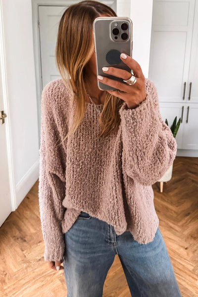 Cozy Women's Dusty Pink Fuzzy Knit Sweater | Loose Fit Round Neck Pullover with Drop Shoulders for Casual Chic Style