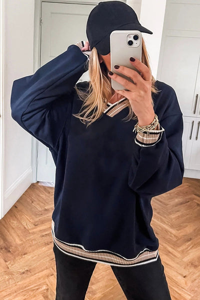 Stylish Women's Navy Blue Varsity V-Neck Sweatshirt with Trendy Contrast Striped Trim for Comfortable Casual Wear
