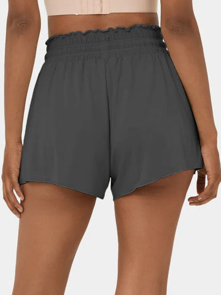 Dark Charcoal Ruffle High Waist Blossom Tie Swim Shorts