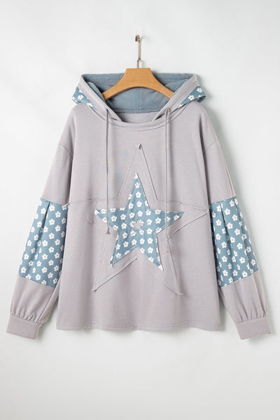 Women's Beau Blue Floral Patchwork Star Hoodie with Adjustable Drawstring - Stylish & Comfortable Casual Wear