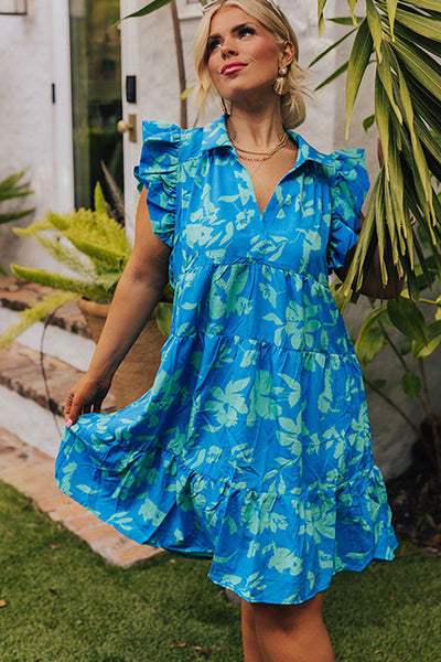 Sky Blue Floral Print Plus Size Flutter Sleeve Mini Dress with Button Detail