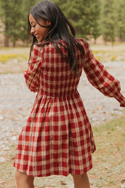 Trendy Women's Red Plaid Long Sleeve Mini Dress with Smocked Waist and Flared Skirt for Effortless Casual Style