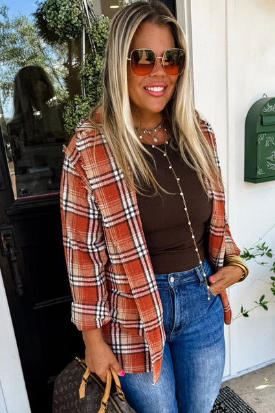 Chic Women's Orange Plaid Shacket with Raw Edge and Open Front for Effortless Fall Layering and Casual Style