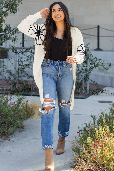 Beige Flower Embroidered Women's Open Front Duster Cardigan with Drop Shoulders - Stylish and Comfortable Layering Piece