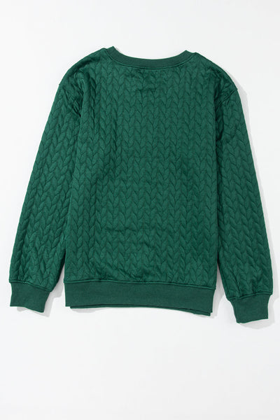 Women's Blackish Green Merry & Bright Cable Knit Pullover Sweatshirt - Cozy Holiday Style, Perfect for Winter Layers