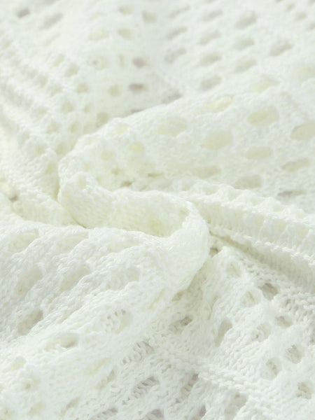 Women's White Crochet V Neck Pullover Sweater with Hollow Out Detail