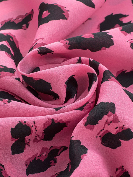 Pink Leopard Notch Neck Bubble Sleeve Top