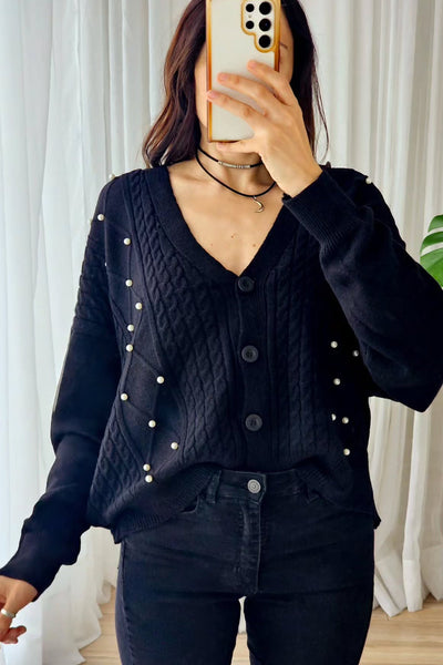 Chic Women's Navy Blue Cable Knit Cardigan with Pearl Buttons & V-Neck - Trendy Rhombus Design for Effortless Style