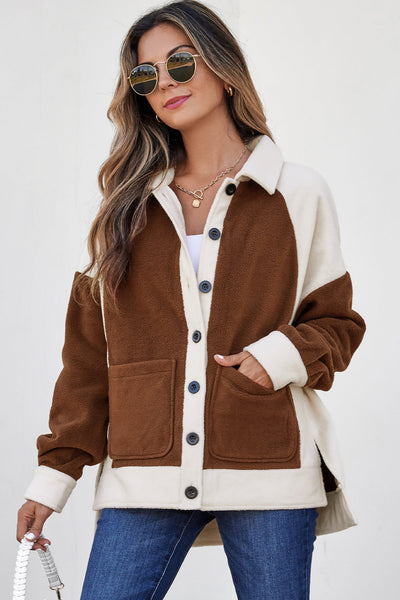 Women's Brown Color Block Fleece Shacket and Button-Down Shirt with practical styling and dependable silhouette control.