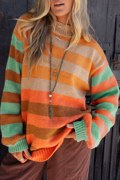 Cozy Women's Stripe Color Block Sweater in Soft Knit - Perfect Casual Fall & Winter Layering Essential