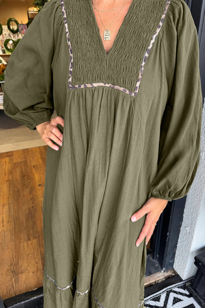 Women's Long Dress with Collared V-Neck, Smocked Detail, and Contrast Leopard Trim, Perfect for Casual or Chic Occasions