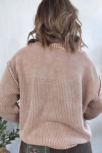 Cozy Women's Parchment Textured Patchwork Sweater with Button Neck & Drop Shoulder - Stylish Fall Essential