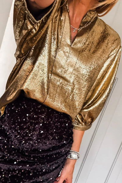 Women's Gold Metallic Split Neck Blouse with Half Sleeves