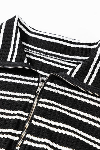 Women's Textured Black Striped Quarter Zip Long Sleeve Top - Stylish Fit for Casual Outings and Everyday Wear