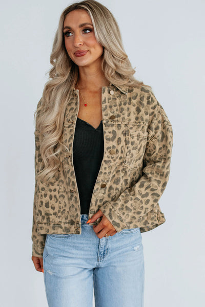 Women's Khaki Retro Leopard Print Denim Jacket with Seam Detail & Button Closure - Stylish & Trendy Outerwear