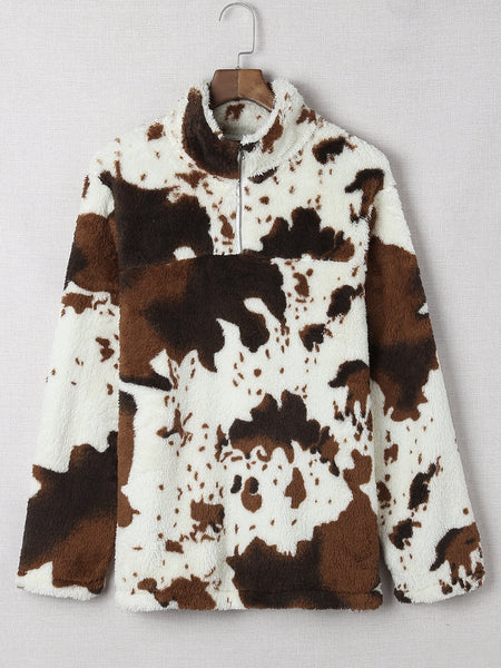 Women's Cow Print Zip Collar Fleece Sweatshirt