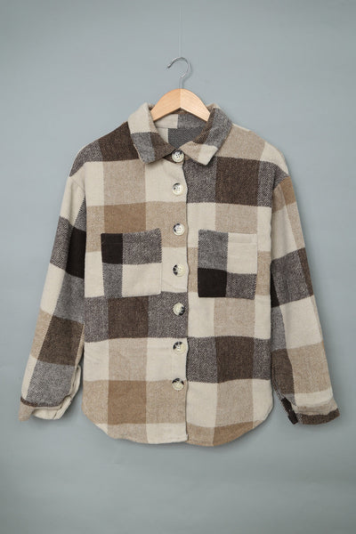 Chic Women's Khaki Plaid Color Block Button-Up Jacket with Pockets Stylish Long Sleeve Outerwear for Casual Fashion