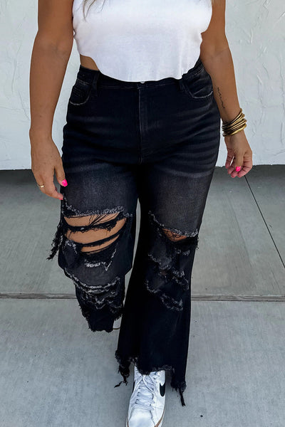 Trendy Women's Black Asymmetric Distressed Cowgirl Jeans with Raw Hem - Chic Fit for Casual Everyday Style