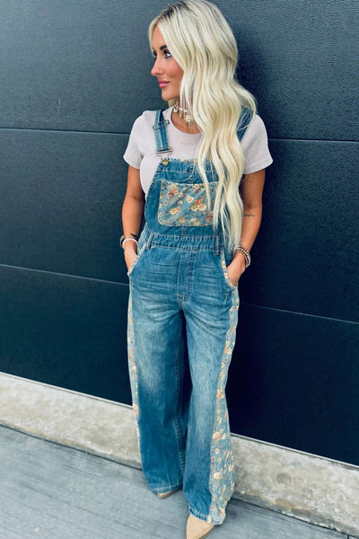 stylish women's peacock blue floral patchwork wide leg denim overalls - comfortable fashion for casual outings made for easy styling and wardrobe with