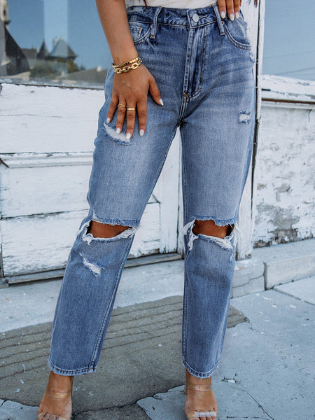 Ripped Cutout Fringe Hem Casual Jeans
