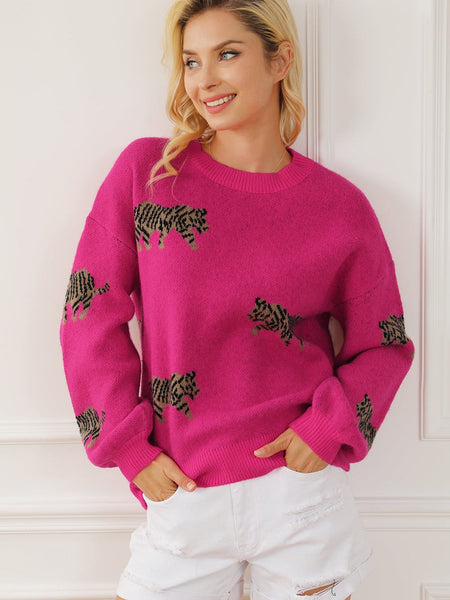 Fierce Leopard Print Rose Red Knit Sweater for Casual Chic