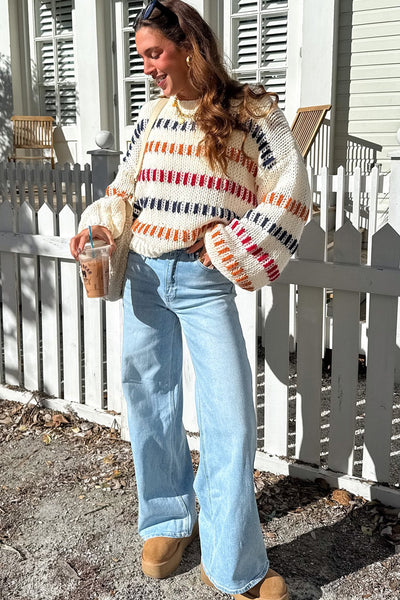 Cozy Women's Beige Striped Puff Sleeve Sweater Playful Drop Shoulder Knit for Stylish Casual Wear
