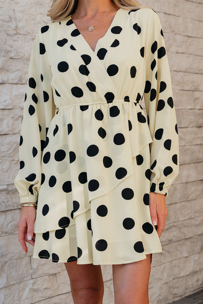 Trendy Women's Beige Polka Dot Surplice Mini Dress with Puff Sleeves Perfect for Casual Summer Outings