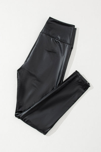Stylish Women's Black Faux Leather Leggings with Zipper Accents - Ideal for Casual Outings or Nighttime Elegance