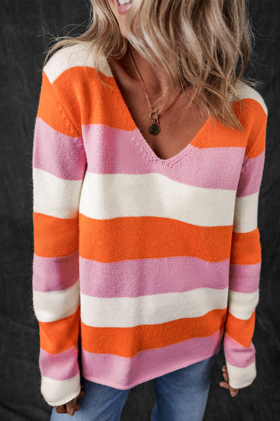 Stylish Women's Orange Striped Colorblock V-Neck Sweater - Casual Comfort for Everyday Chic Looks made for easy styling and wardrobe coordination,