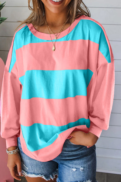 Women's Casual Light Blue Colorblock Striped Top - Chic Loose Fit Drop Shoulder Design for Everyday Comfort