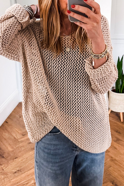 Women's Apricot Open-Knit Mesh Sweater with Long Sleeves