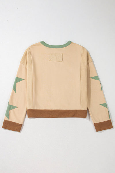 Cozy Women's Oversized Parchment Star Patchwork Sweatshirt with Exposed Seams Perfect for Everyday Casual Style