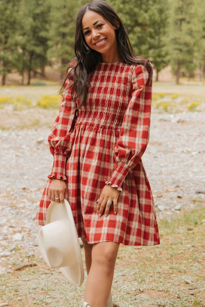 Trendy Women's Red Plaid Long Sleeve Mini Dress with Smocked Waist and Flared Skirt for Effortless Casual Style