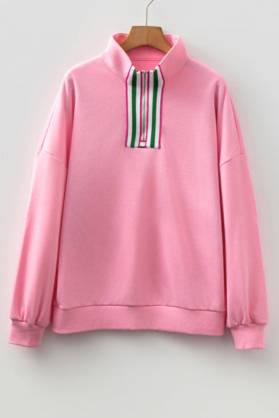 Women's Pink Contrast Striped Pullover Sweatshirt with Zip Collar for Stylish Casual Comfort and Layering