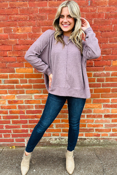 Chic Women's Orchid Petal Oversized Long Sleeve Top with Ribbed Knit and Exposed Seam for Effortless Everyday Style