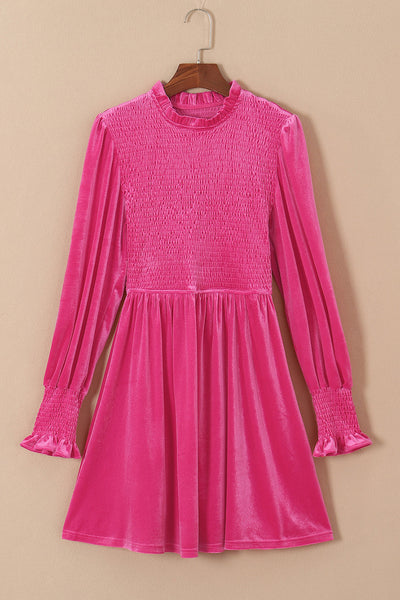 Women's Rose Velvet Smocked Bodice Dress with Ruffle Neck