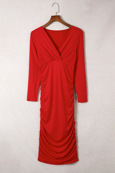 Women's Ruched V-Neck Long Sleeve Slim Maxi Dress