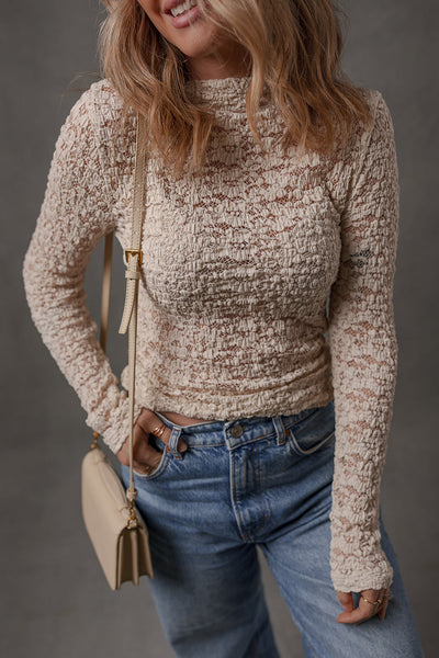 Elegant Blue Women's Lace Textured Slim Fit Mock Neck Long Sleeve Top for Stylish Casual Outfits