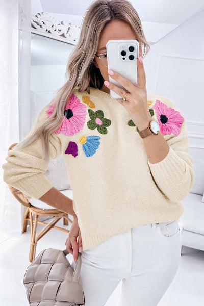 Cozy Women's Beige Knitted Floral Sweater with Ribbed Edges for Chic Autumn Style and Comfortable Fit