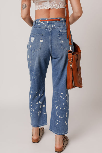 Women's Ashleigh Blue Ripped Cropped Straight Jeans with Splatter Paint and Rope Waist for a Trendy Casual Look
