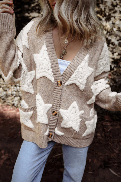 Chic Women's Khaki Sherpa Cardigan with Star Pattern & Pockets - Cozy Textured Sweater for Casual Style