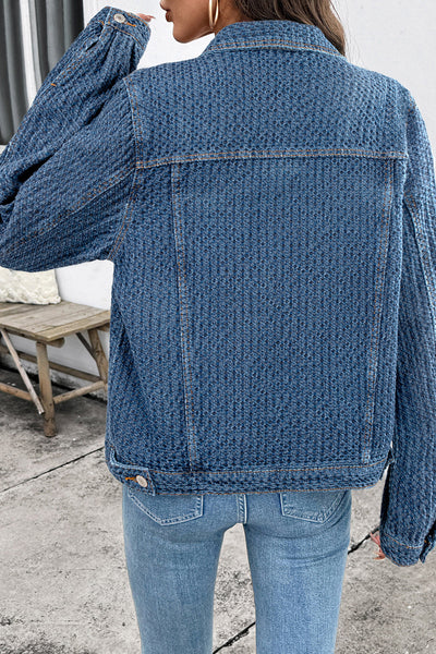 Women's Textured Basketweave Denim Jacket with Flap Pockets