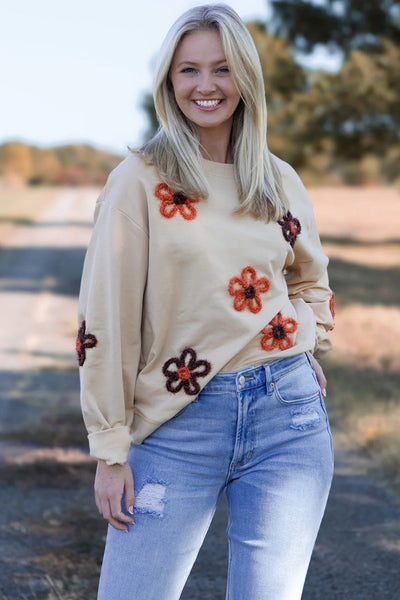 Cozy Chic Women's Sweatshirt in Jet Stream with Tinsel Flower Design - Relaxed Fit & Drop Shoulder for Casual Outings