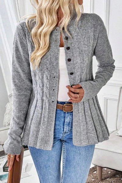 Cozy Women's High-Rise Cable Knit Cardigan Sweater in Soft Beige - Chic Layering Essential for Fall and Winter
