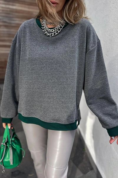 Women's Medium Grey Baggy Sweatshirt with Contrast Trim, Round Neck, and Zip Side Slit for Effortless Comfort and Style