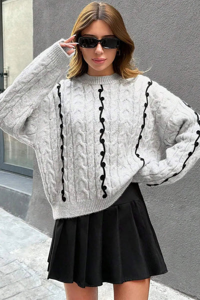 Cozy Light Grey Cable Knit Sweater for Women with Drop Shoulders & Contrast Details - Perfect Chic Fall Fashion