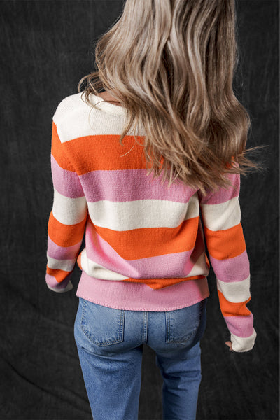 Stylish Women's Orange Striped Colorblock V-Neck Sweater - Casual Comfort for Everyday Chic Looks made for easy styling and wardrobe coordination,